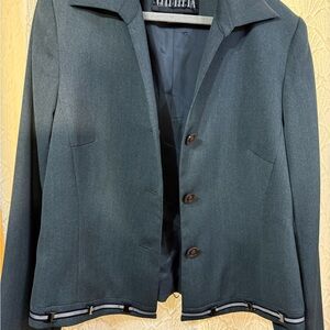 Chic Dark Grey Blazer with Button and belt Accents. Officecore,